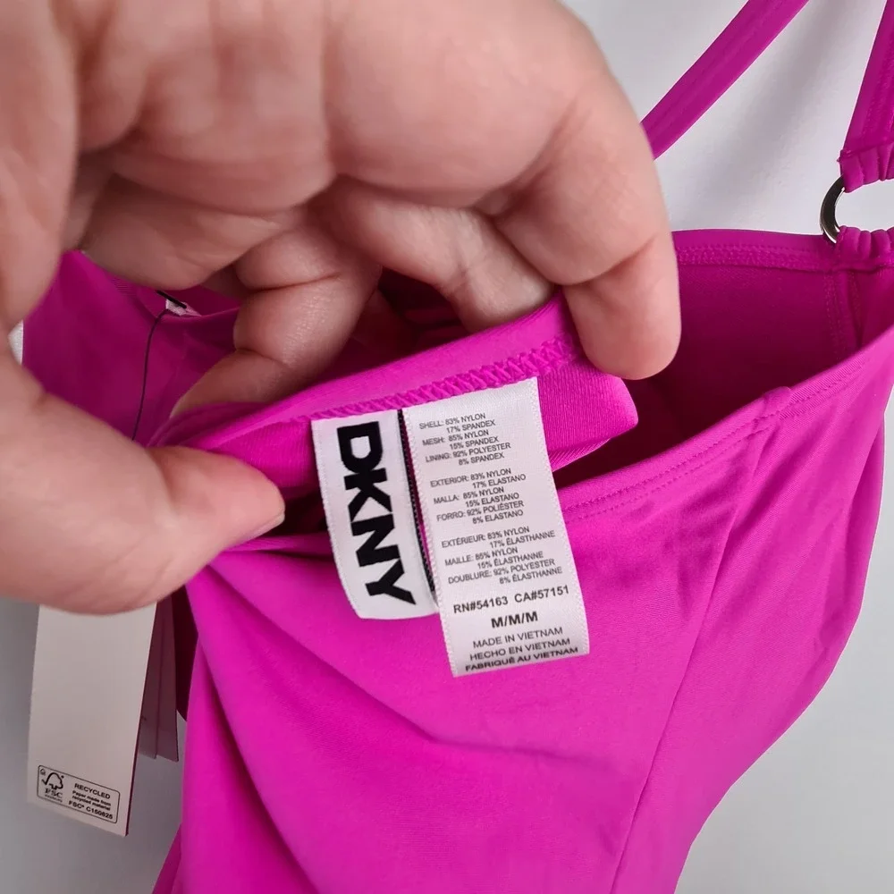 DKNY Women's Twist-Front One-Piece Swimsuit Carnation Pink Medium Tummy Compress - Picture 7 of 11